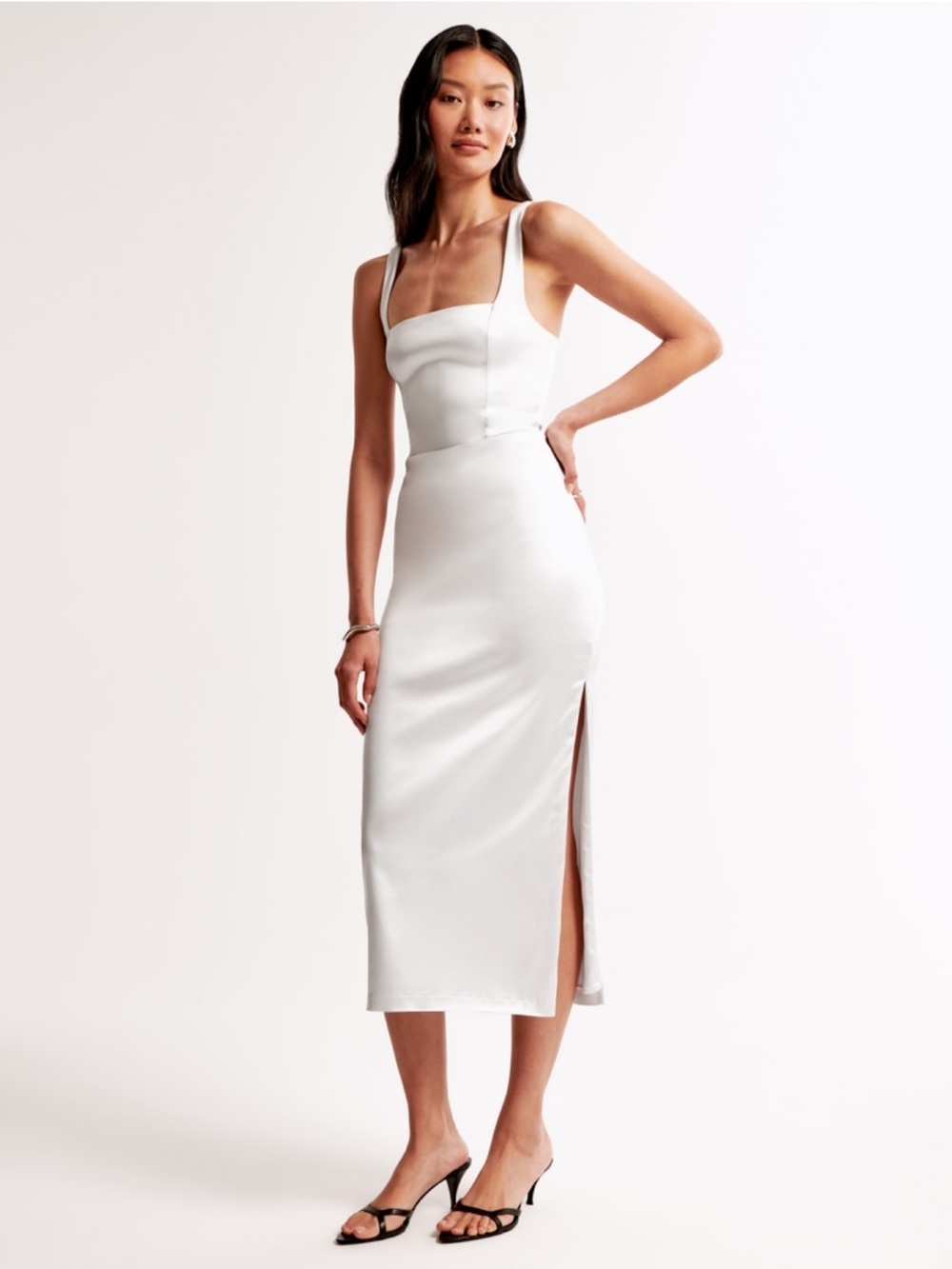 Abercrombie & Fitch White Square-Neck Midi Dress with Side Slit